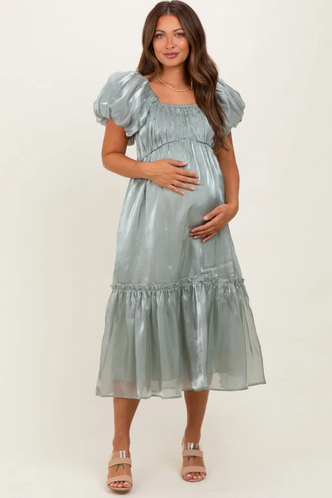 Light Olive Organza Puff Sleeve Maternity Midi Dress sold by Pinkblush