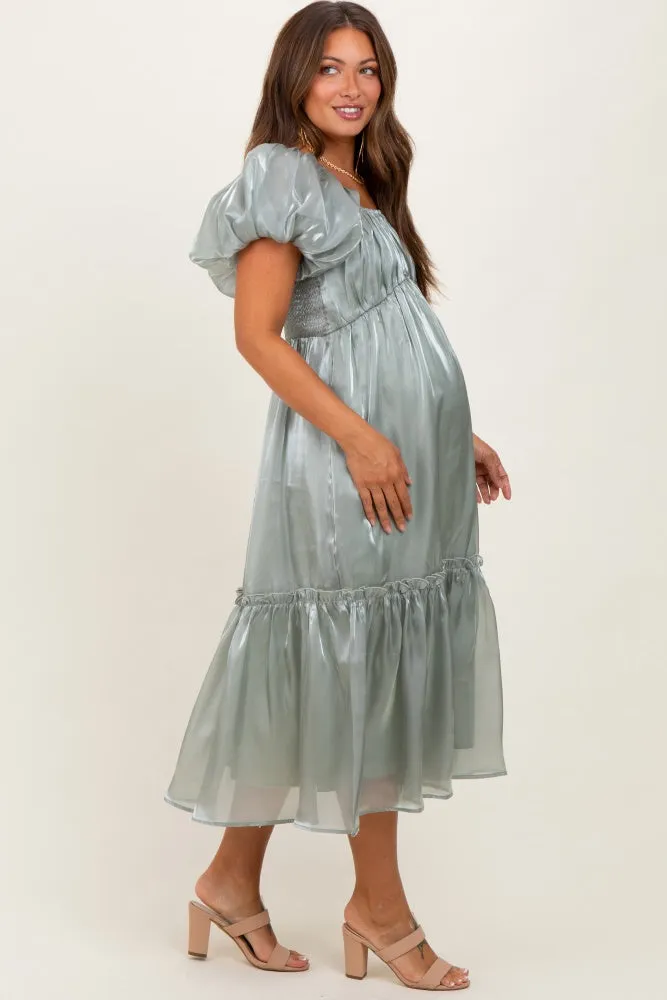 Light Olive Organza Puff Sleeve Maternity Midi Dress sold by Pinkblush product image thumbnail 2