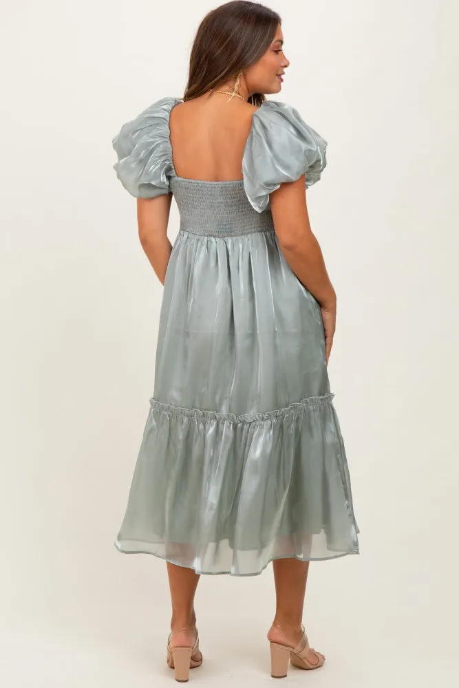 Light Olive Organza Puff Sleeve Maternity Midi Dress sold by Pinkblush product image thumbnail 3