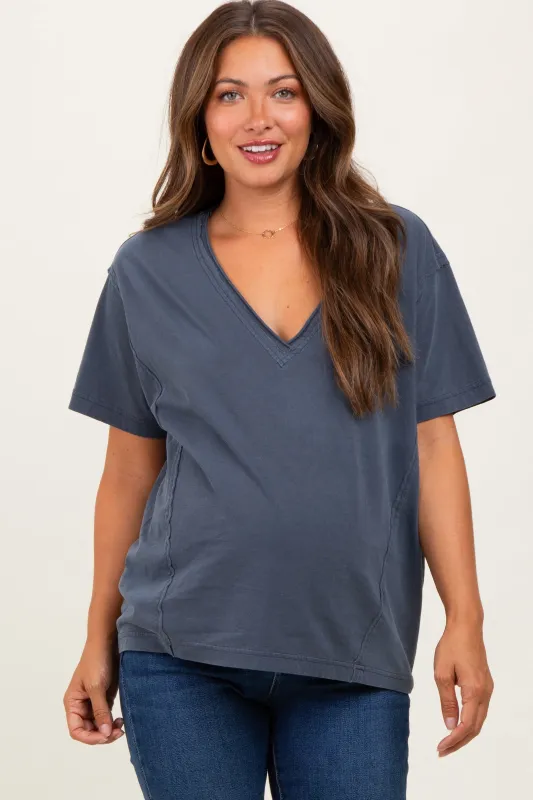 Navy Raw Edge V-Neck Short Sleeve Maternity T-Shirt sold by Pinkblush