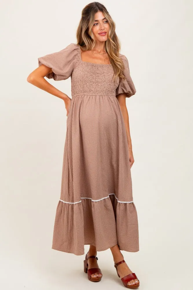 Mocha Plaid Smocked Puff Sleeve Maternity Maxi Dress sold by Pinkblush product image thumbnail 2