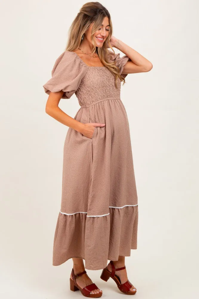 Mocha Plaid Smocked Puff Sleeve Maternity Maxi Dress sold by Pinkblush product image thumbnail 3