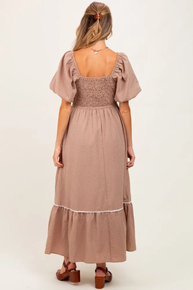 Mocha Plaid Smocked Puff Sleeve Maternity Maxi Dress sold by Pinkblush product image thumbnail 4