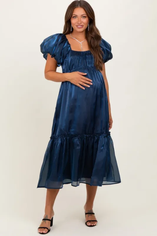 Navy Organza Puff Sleeve Maternity Midi Dress sold by Pinkblush