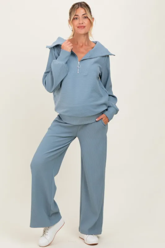 Light Blue RIbbed Half Zip Pullover Wide Leg Pant Maternity Set sold by Pinkblush