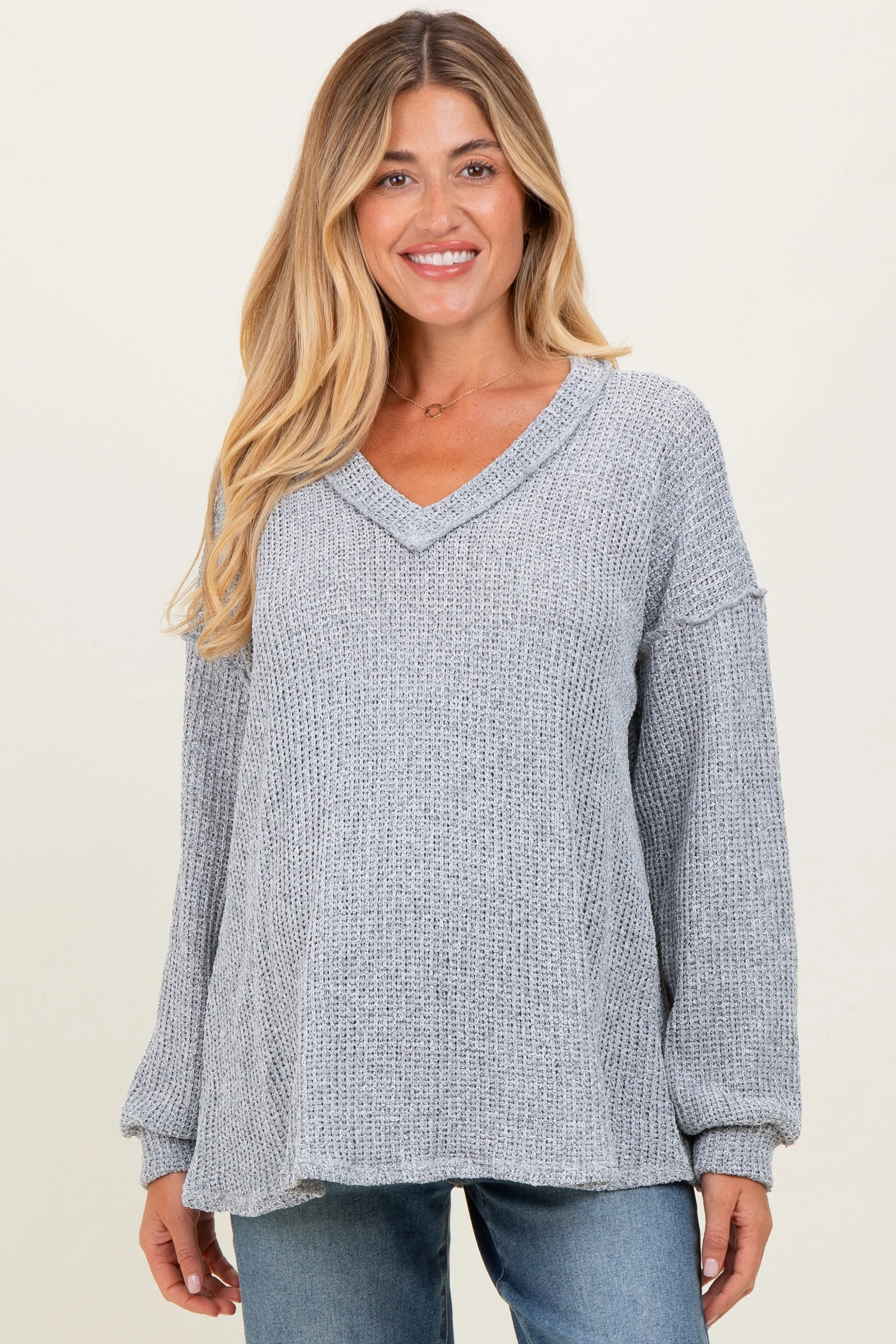 Heather Gray Long Puff Sleeve Solid Oversized Maternity Top sold by Pinkblush