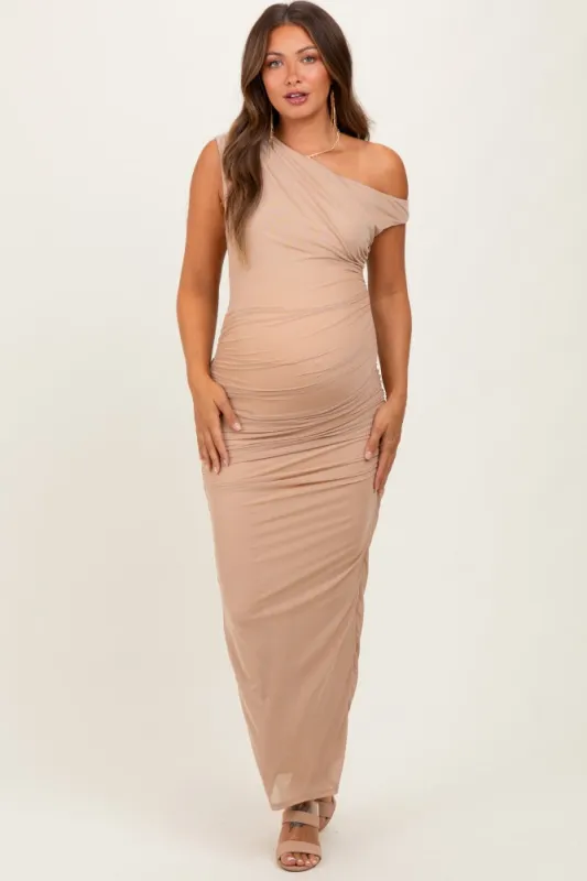 Beige Ruched Asymmetrical Off Shoulder Maternity Maxi Dress sold by Pinkblush