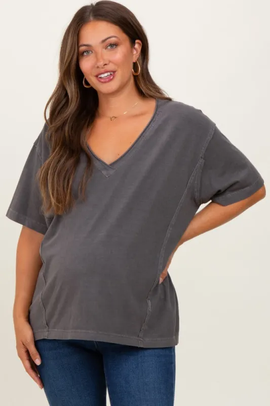 Charcoal Raw Edge V-Neck Short Sleeve Maternity T-Shirt sold by Pinkblush