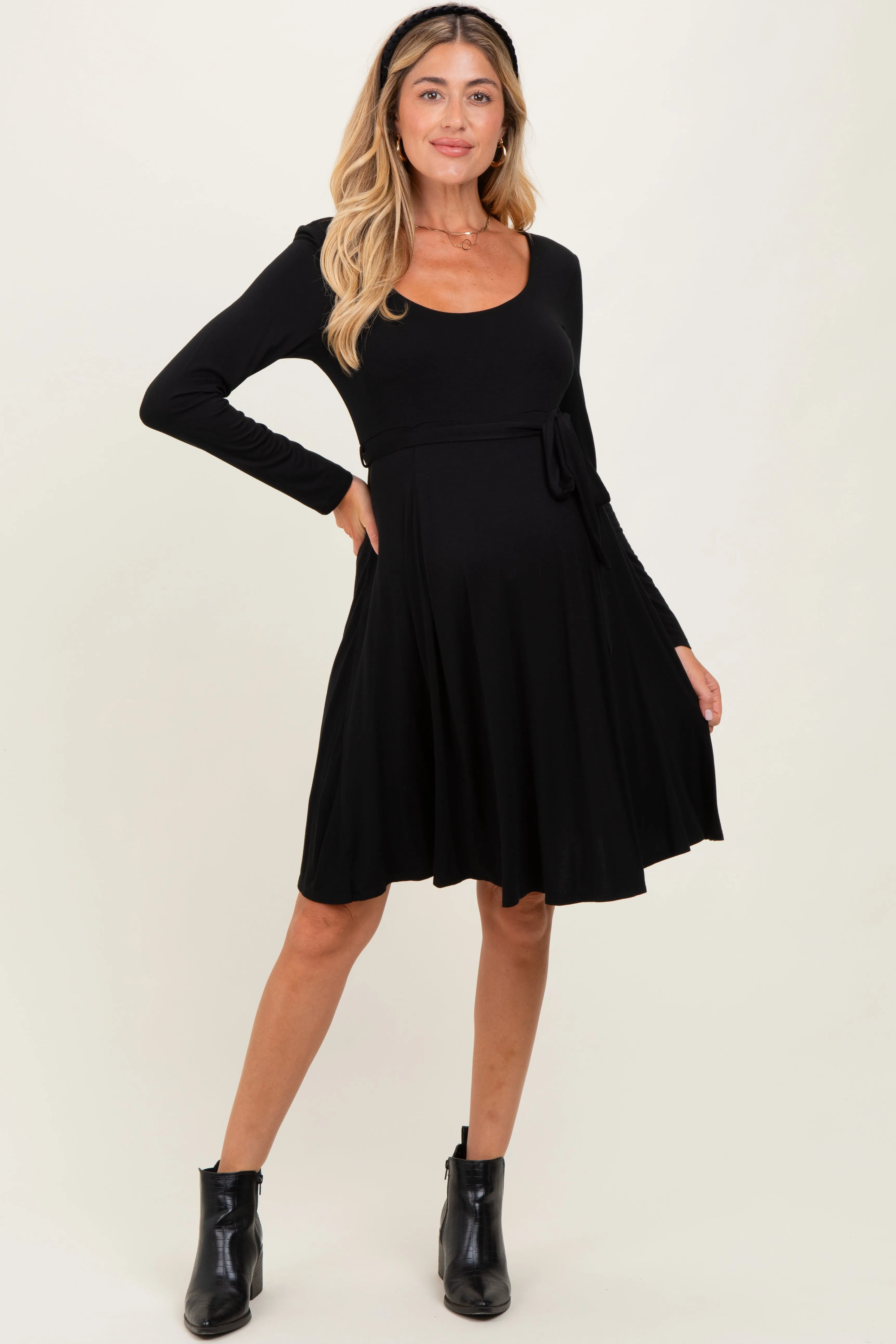 Black Scoop Neck Long Sleeve Waist Tie Maternity Dress sold by Pinkblush