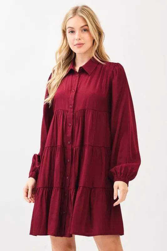 Burgundy Balloon Sleeve Tiered Shirt Dress sold by Pinkblush