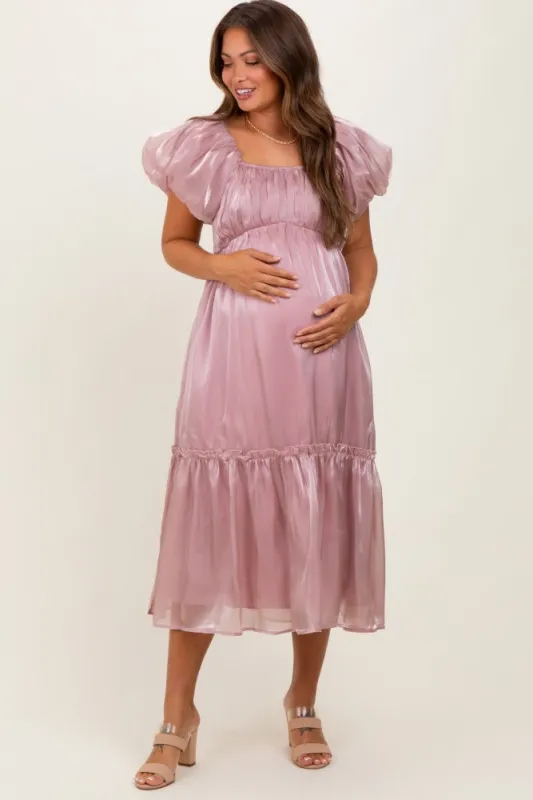 Pink Organza Puff Sleeve Maternity Midi Dress sold by Pinkblush