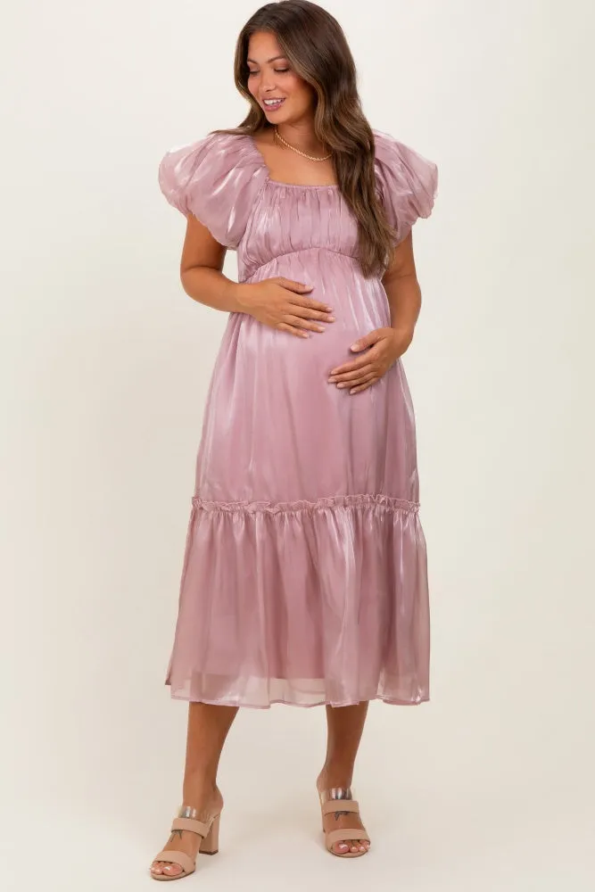 Pink Organza Puff Sleeve Maternity Midi Dress sold by Pinkblush