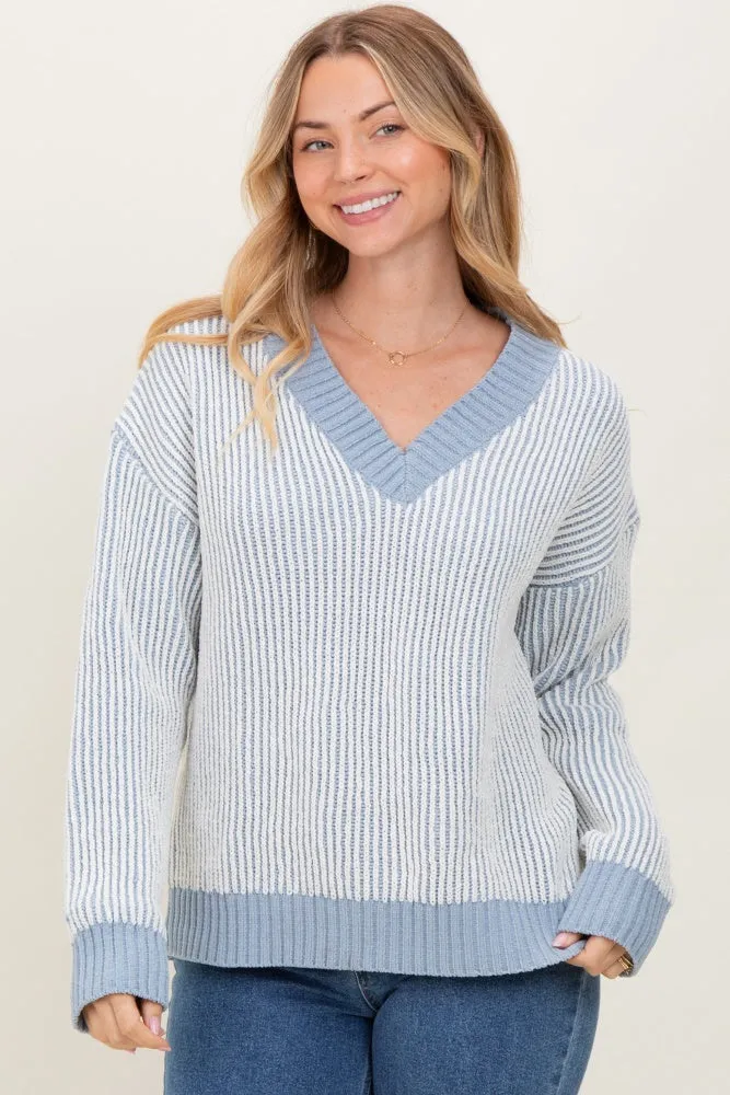 Blue Two Tone Ribbed V-Neck Chenille Maternity Sweater sold by Pinkblush product image thumbnail 5