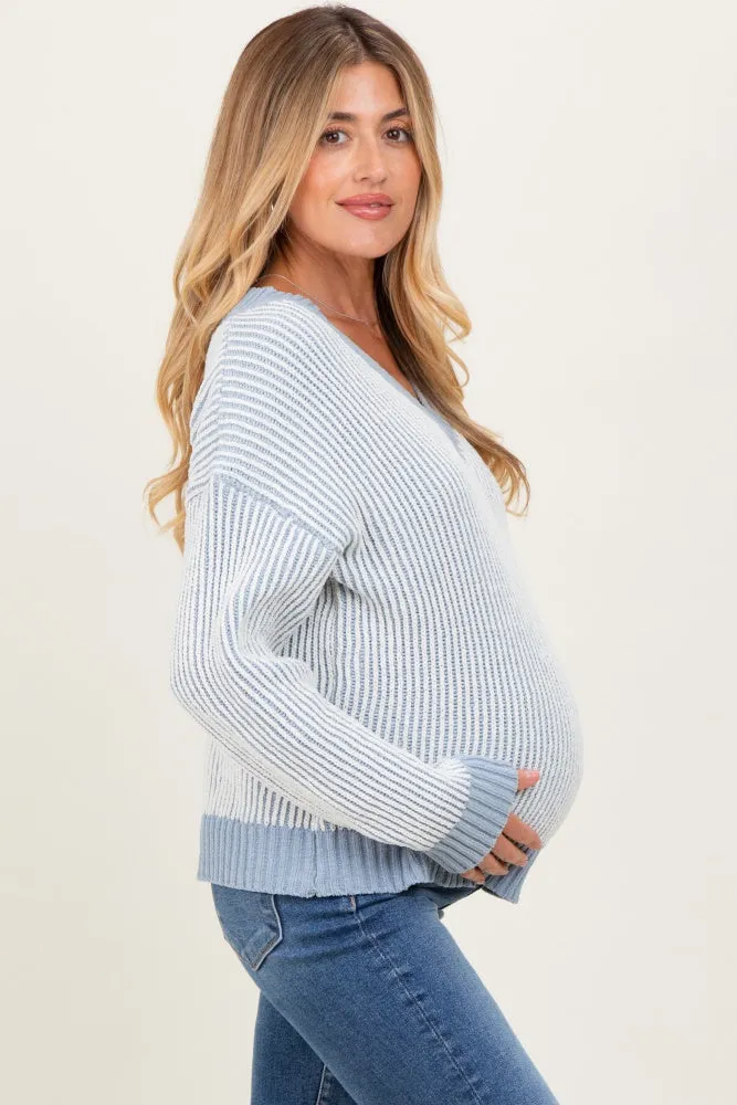 Blue Two Tone Ribbed V-Neck Chenille Maternity Sweater sold by Pinkblush product image thumbnail 3