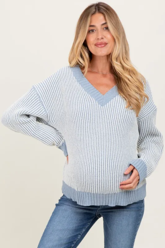Blue Two Tone Ribbed V-Neck Chenille Maternity Sweater made by In February