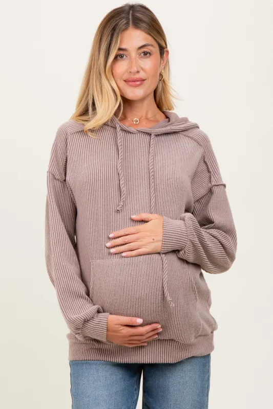 Mocha Long Sleeve Brushed Urban Rib Maternity Hoodie Top sold by Pinkblush