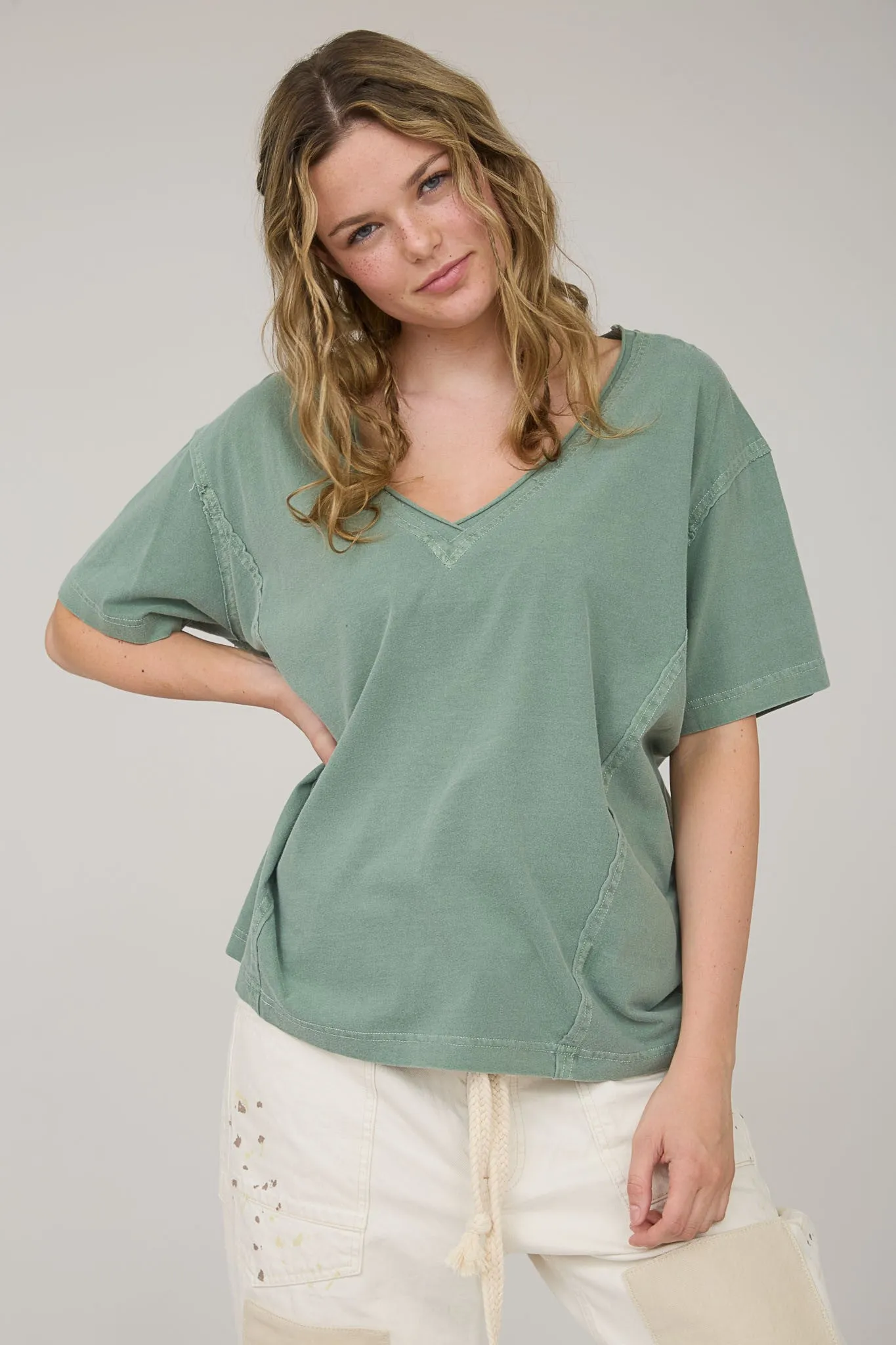 Light Olive Raw Edge V-Neck Short Sleeve Maternity T-Shirt sold by Pinkblush product image thumbnail 4
