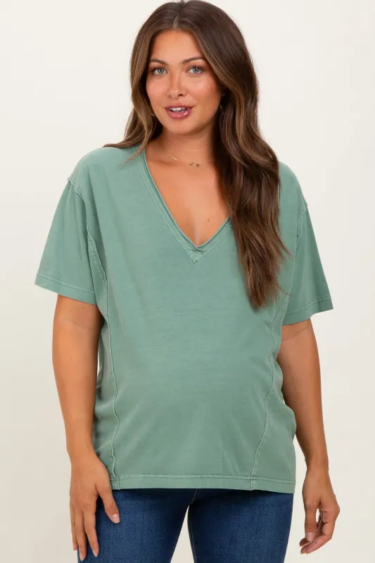 Light Olive Raw Edge V-Neck Short Sleeve Maternity T-Shirt sold by Pinkblush