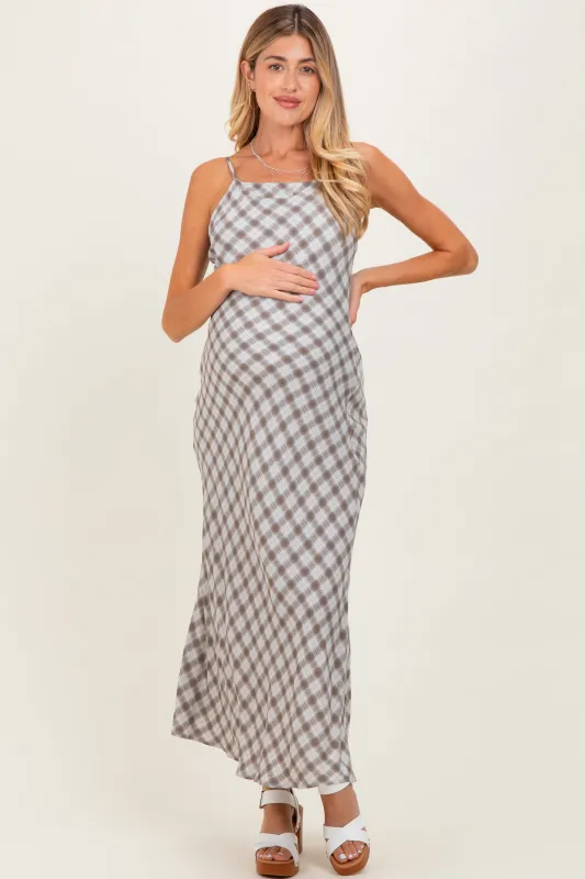 Ivory Plaid Sleeveless Maternity Maxi Dress sold by Pinkblush
