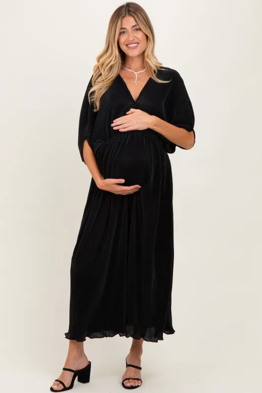 Black Pleated Satin Dolman Sleeve Maternity Maxi Dress sold by Pinkblush