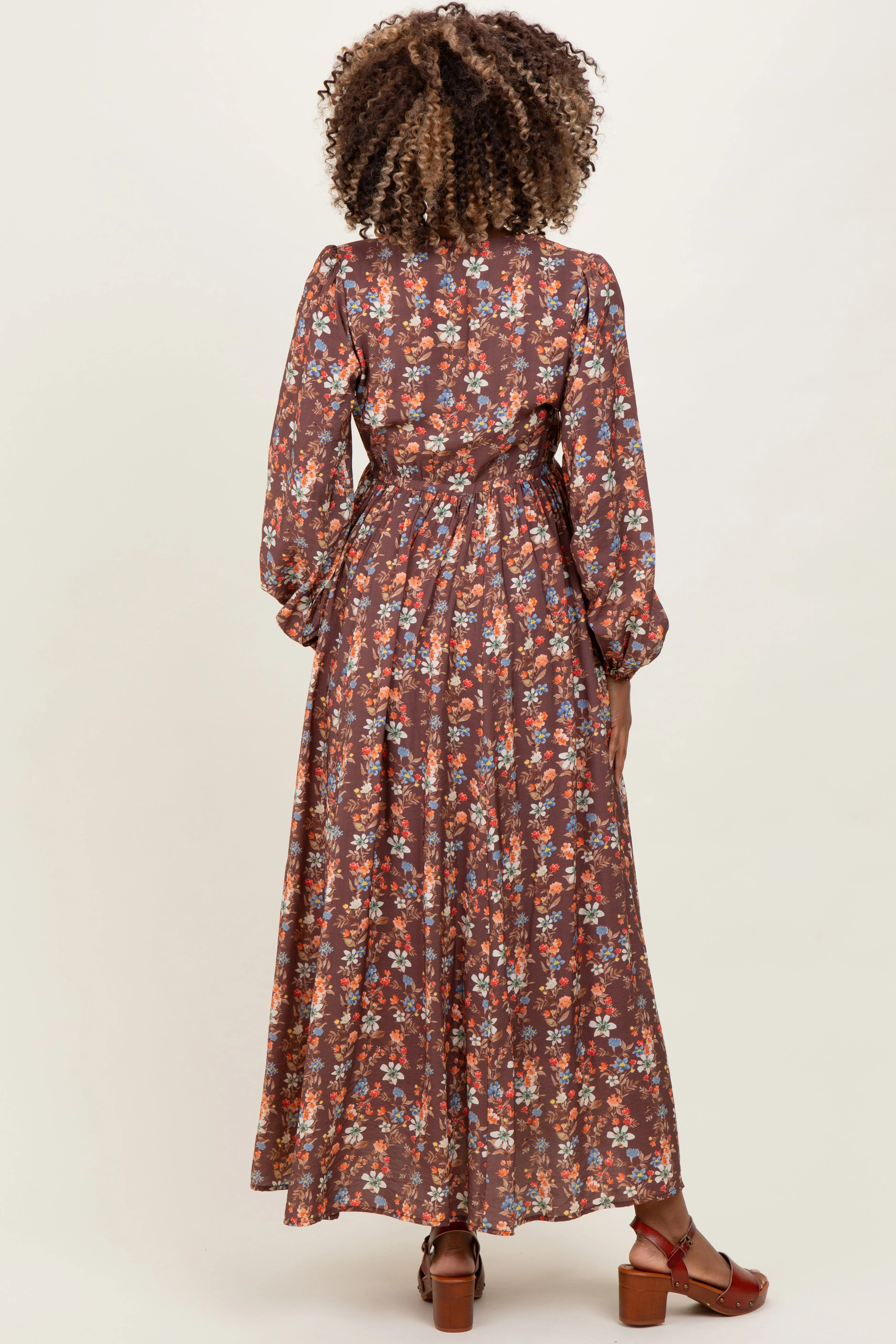 Mocha Floral Cinched Bust 3/4 Sleeve Maternity Maxi Dress sold by Pinkblush product image thumbnail 4