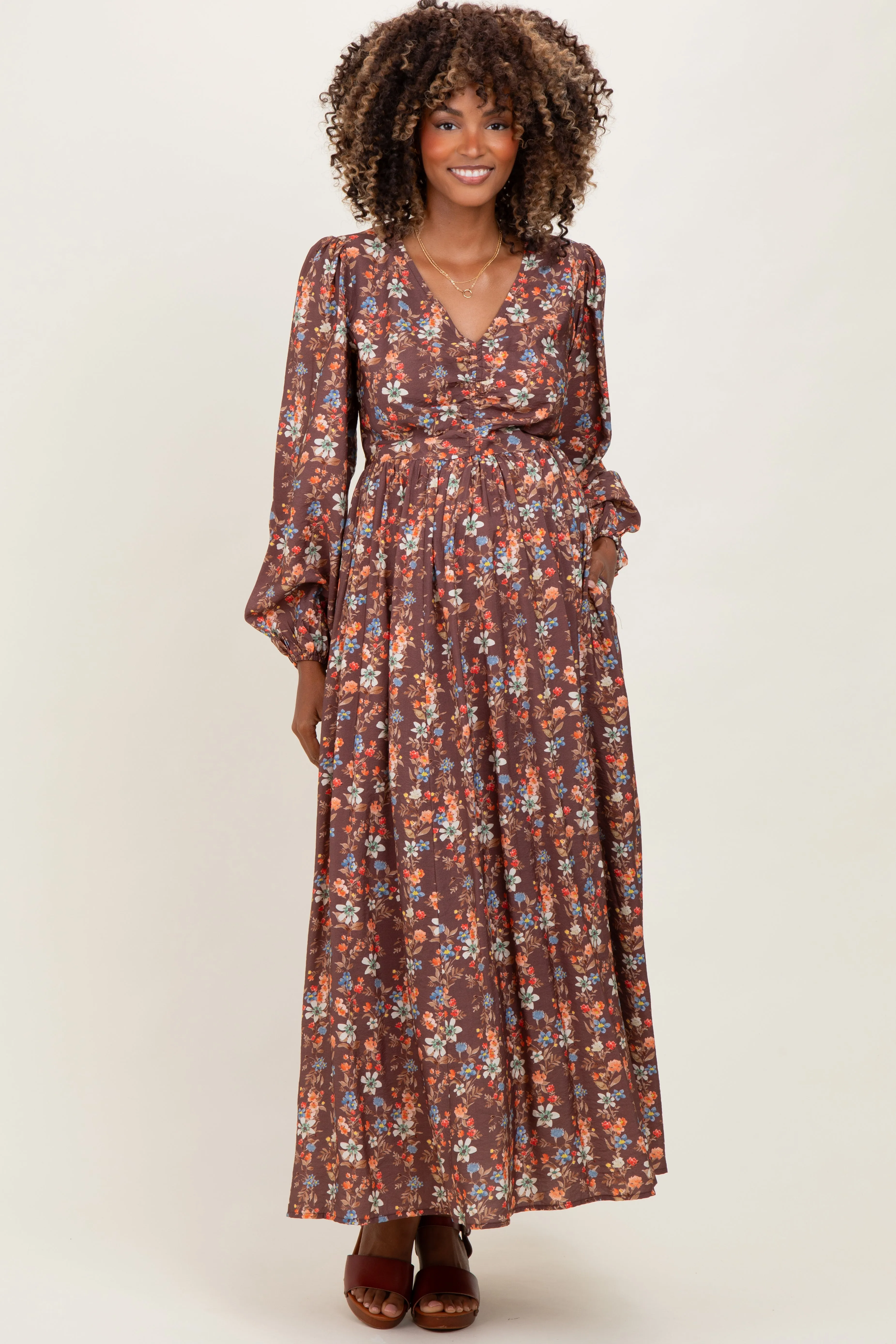 Mocha Floral Cinched Bust 3/4 Sleeve Maternity Maxi Dress sold by Pinkblush
