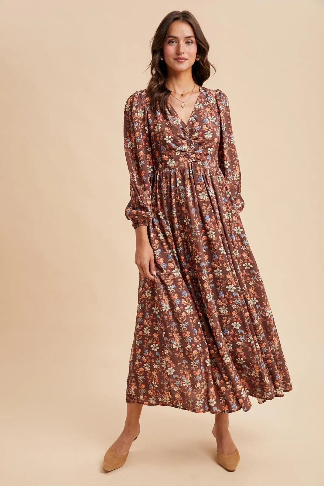 Mocha Floral Cinched Bust 3/4 Sleeve Maternity Maxi Dress sold by Pinkblush product image thumbnail 5