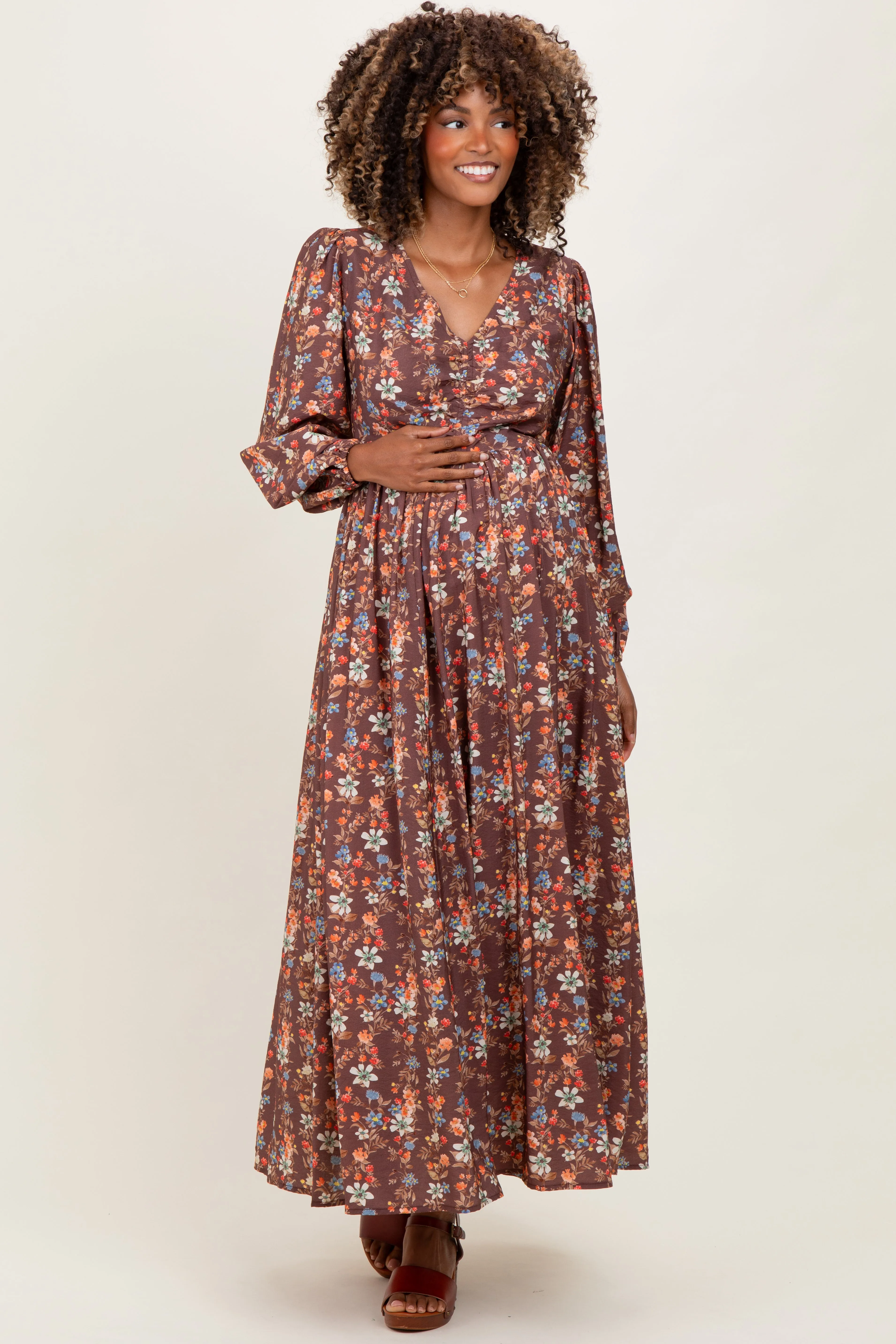Mocha Floral Cinched Bust 3/4 Sleeve Maternity Maxi Dress sold by Pinkblush product image thumbnail 2