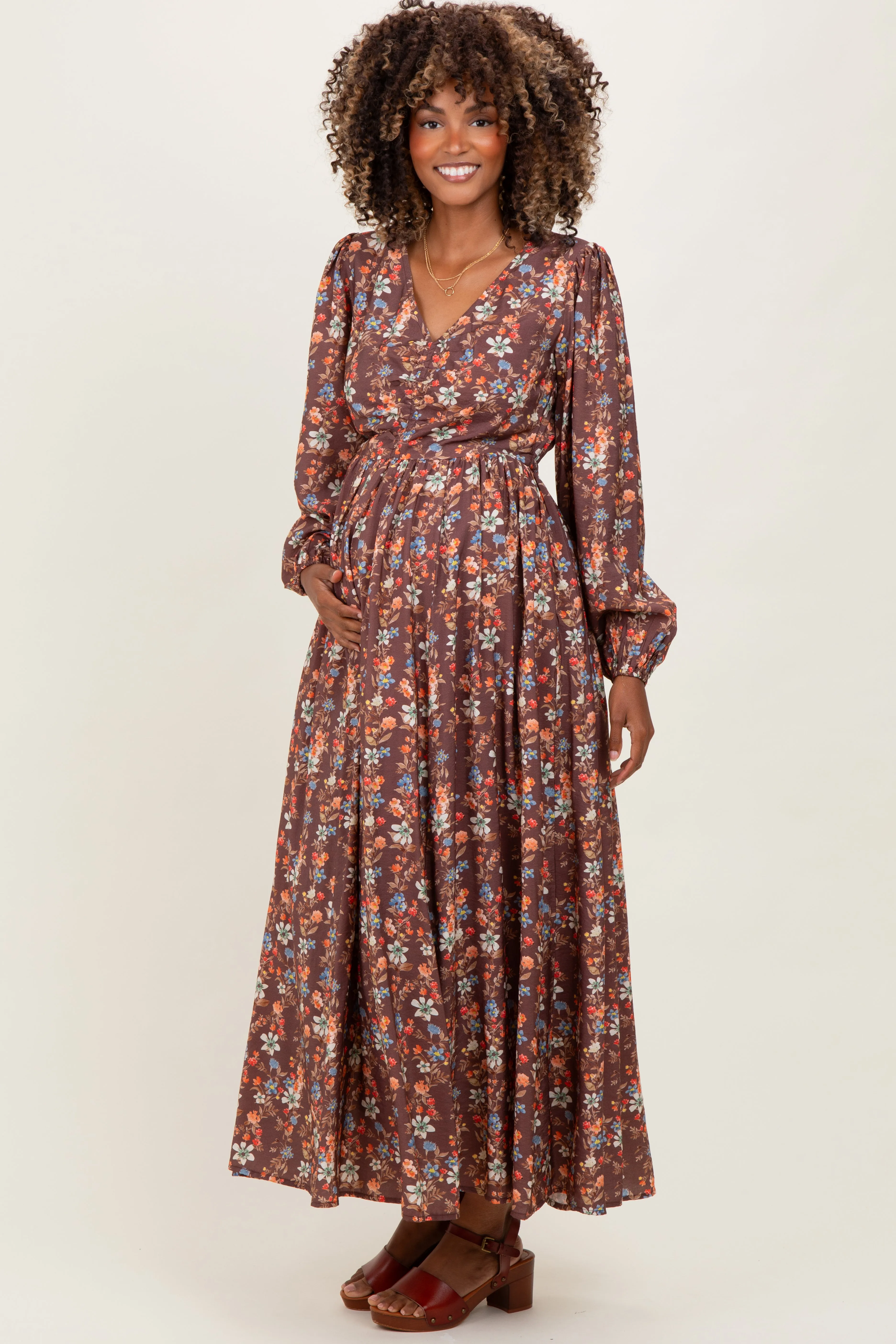 Mocha Floral Cinched Bust 3/4 Sleeve Maternity Maxi Dress sold by Pinkblush product image thumbnail 3