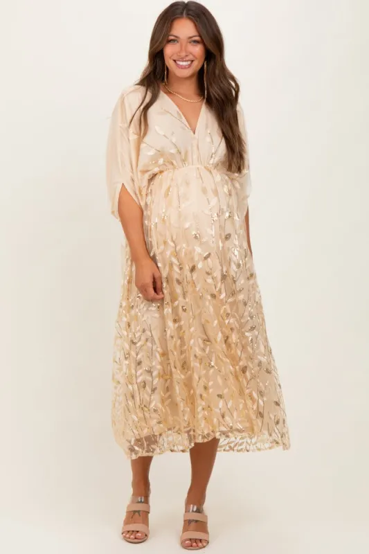 Light Gold Embroidered Tulle Dolman V-Neck Maternity Midi Dress sold by Pinkblush