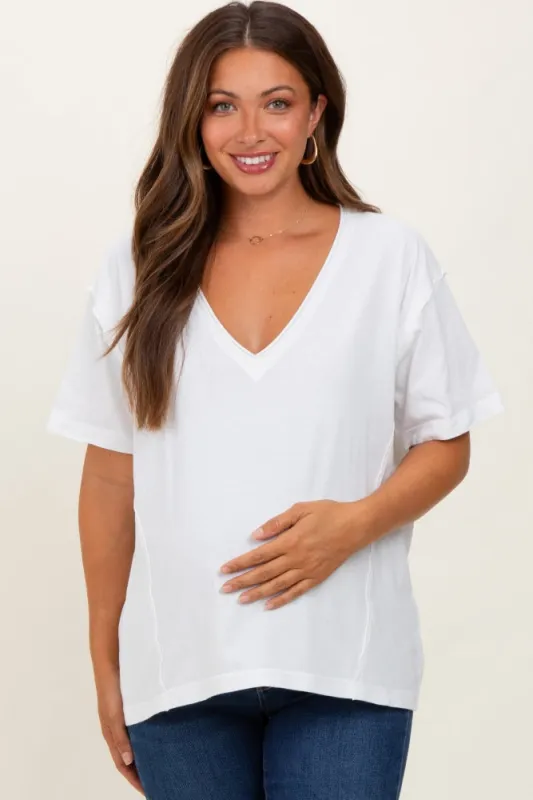 White Raw Edge V-Neck Short Sleeve Maternity T-Shirt sold by Pinkblush