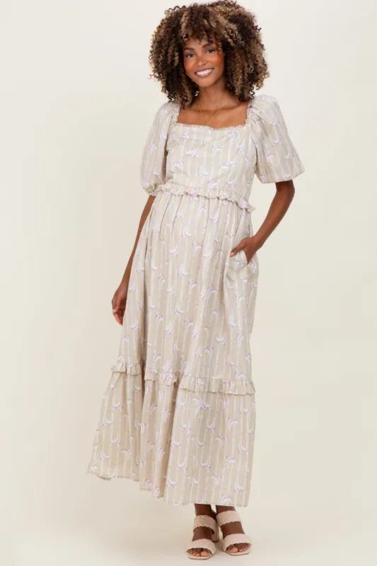 Taupe Floral Stripe Ruffle Accent Maternity Midi Dress sold by Pinkblush