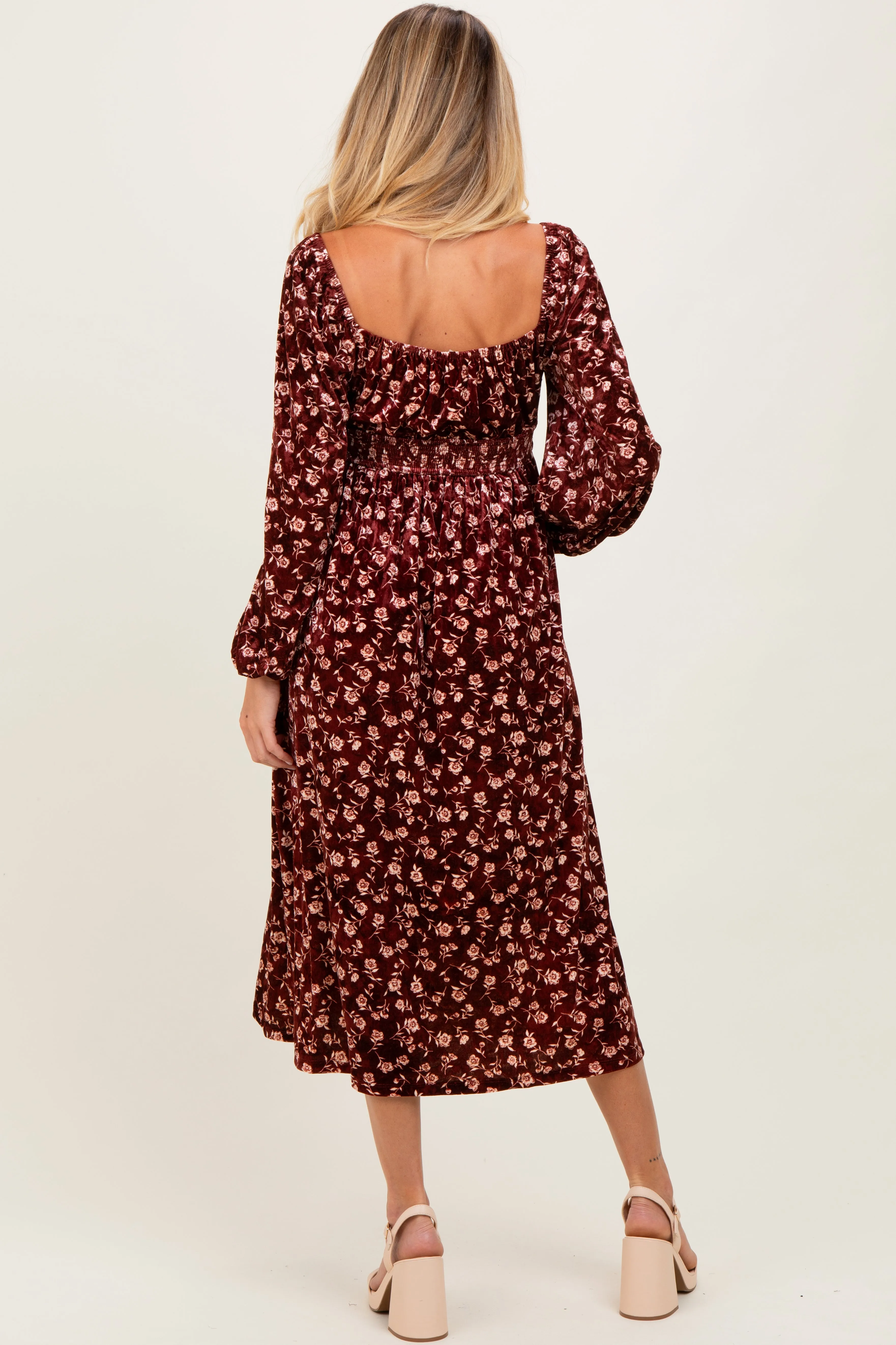 Burgundy Floral Velvet Smocked Maternity Midi Dress sold by Pinkblush product image thumbnail 4