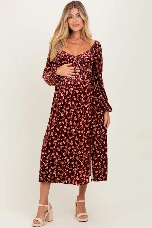 Burgundy Floral Velvet Smocked Maternity Midi Dress sold by Pinkblush