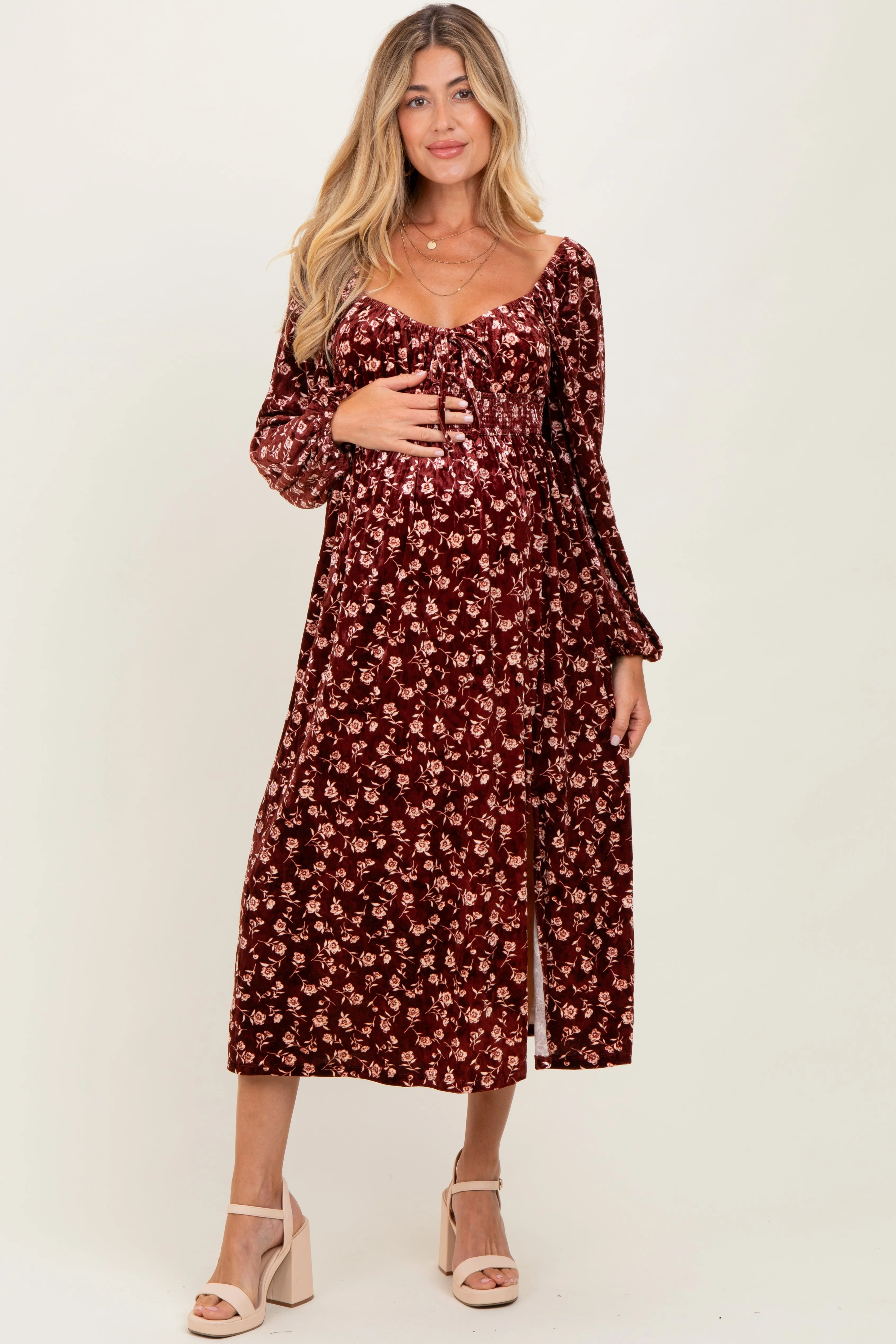 Burgundy Floral Velvet Smocked Maternity Midi Dress sold by Pinkblush