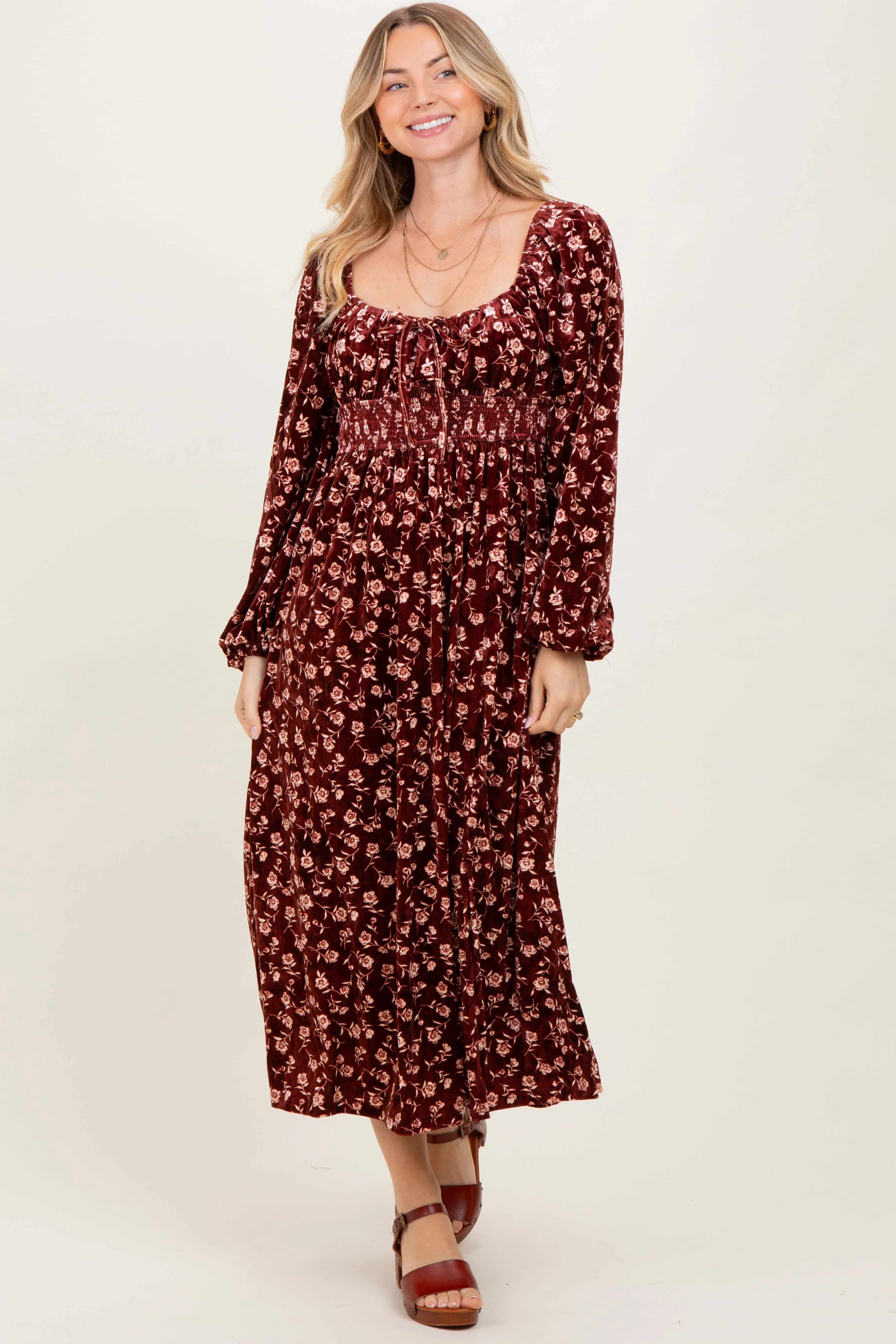 Burgundy Floral Velvet Smocked Maternity Midi Dress sold by Pinkblush product image thumbnail 5