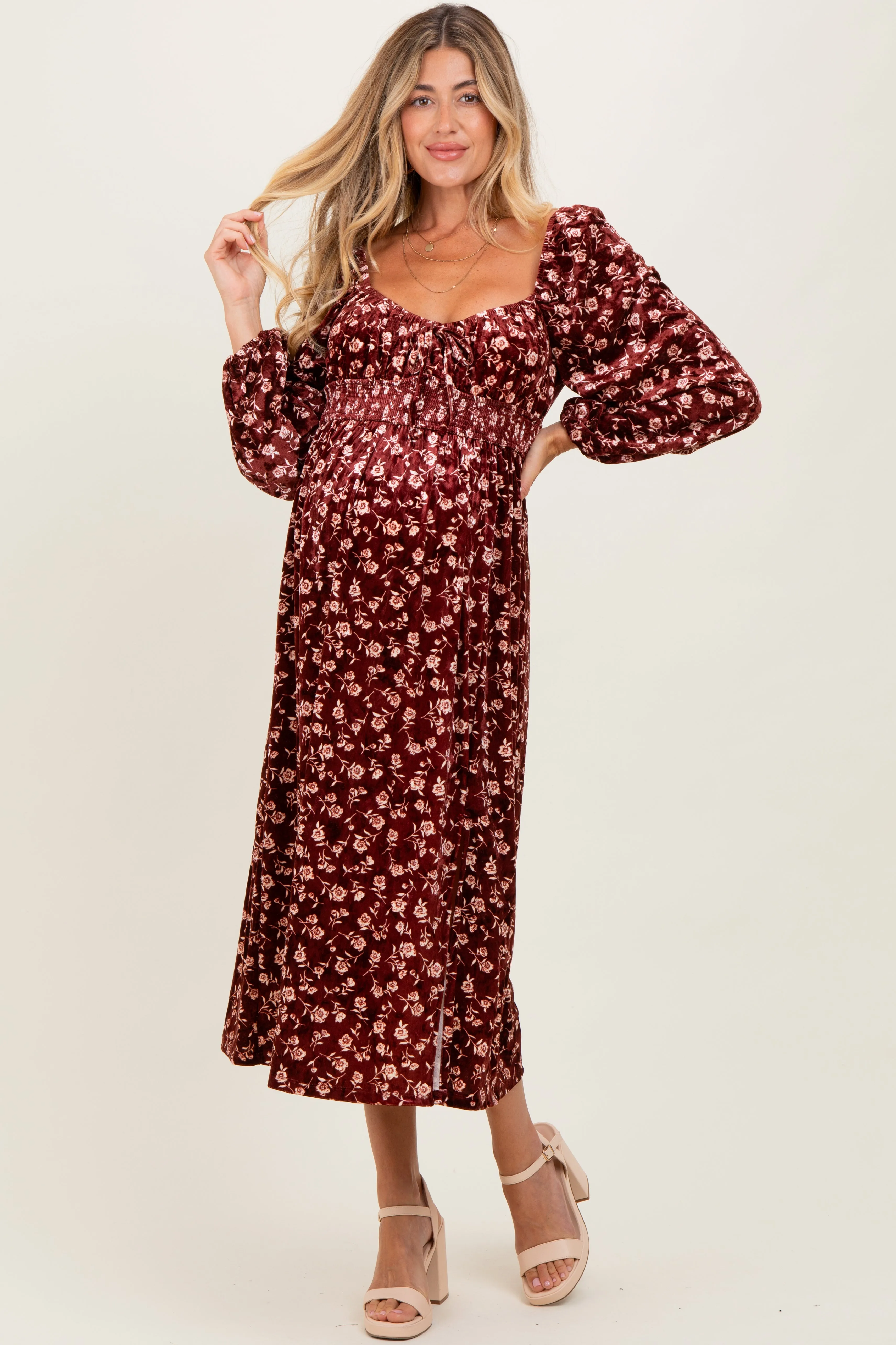 Burgundy Floral Velvet Smocked Maternity Midi Dress sold by Pinkblush product image thumbnail 2