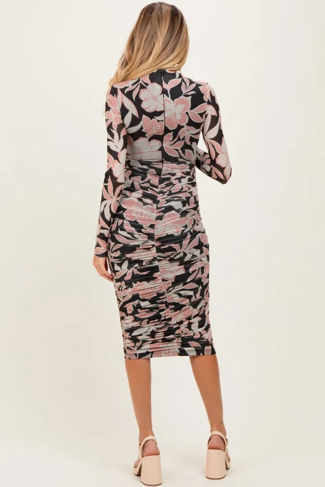 Black Floral Mesh Ruched Long Sleeve Maternity Midi Dress sold by Pinkblush product image thumbnail 3