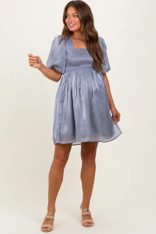 Silver Organza Smocked Puff Sleeve Maternity Mini Dress sold by Pinkblush