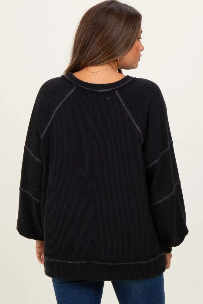 Black Solid Rib Long Sleeve V-Neck Oversized Maternity Tunic Top sold by Pinkblush product image thumbnail 3
