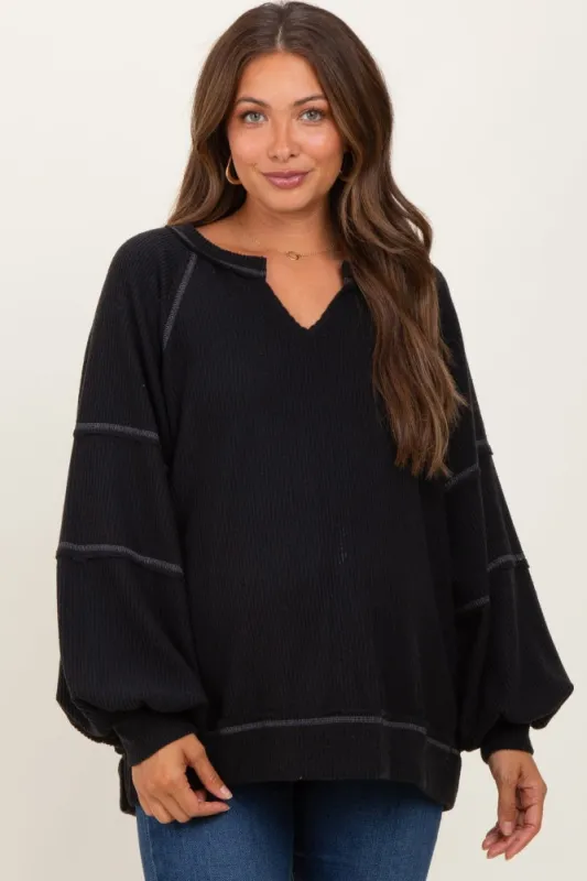 Black Solid Rib Long Sleeve V-Neck Oversized Maternity Tunic Top sold by Pinkblush