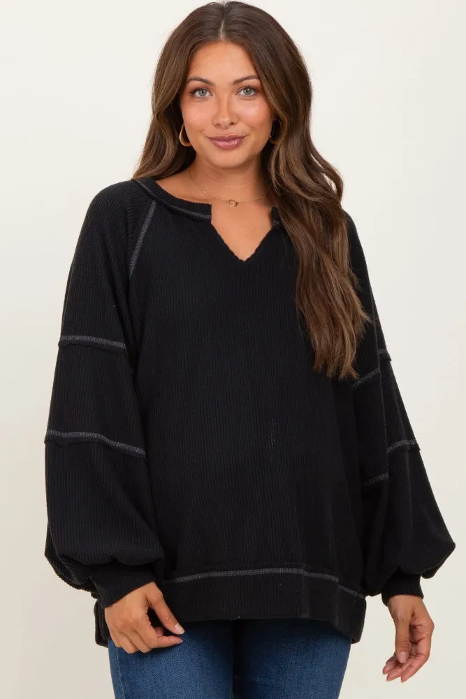 Black Solid Rib Long Sleeve V-Neck Oversized Maternity Tunic Top sold by Pinkblush