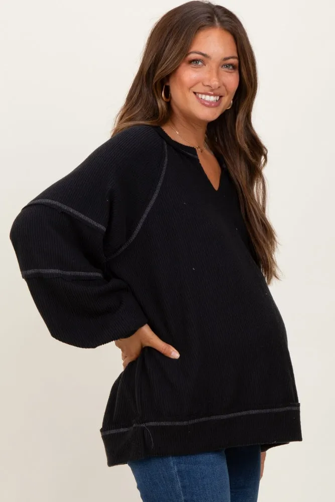 Black Solid Rib Long Sleeve V-Neck Oversized Maternity Tunic Top sold by Pinkblush product image thumbnail 2