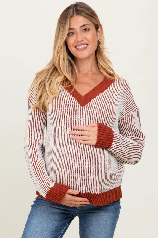 Rust Two Tone Ribbed V-Neck Chenille Maternity Sweater sold by Pinkblush