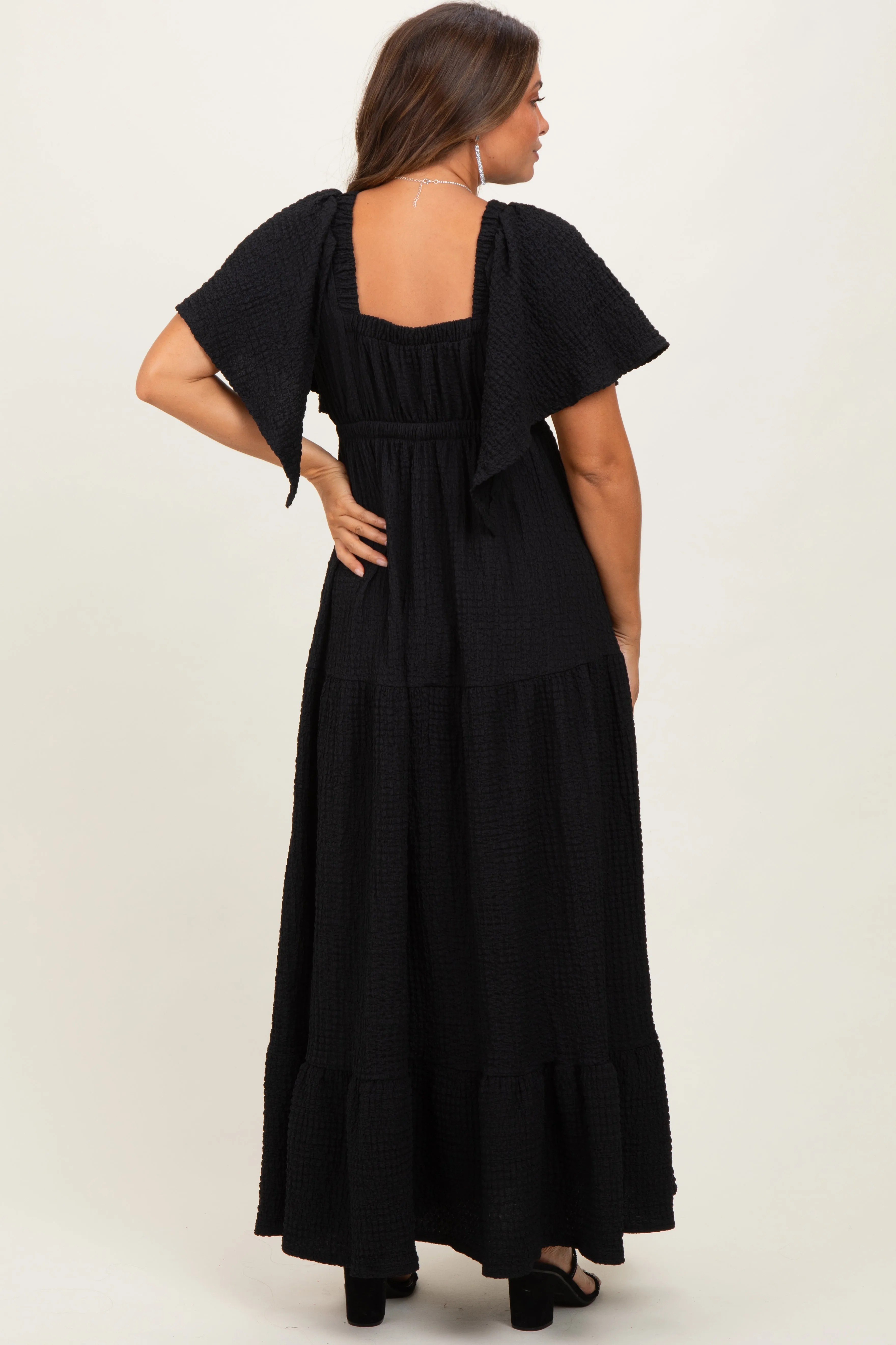 Black Woven Textured Flutter Sleeve V-Neck Tiered Maternity Maxi Dress sold by Pinkblush product image thumbnail 4