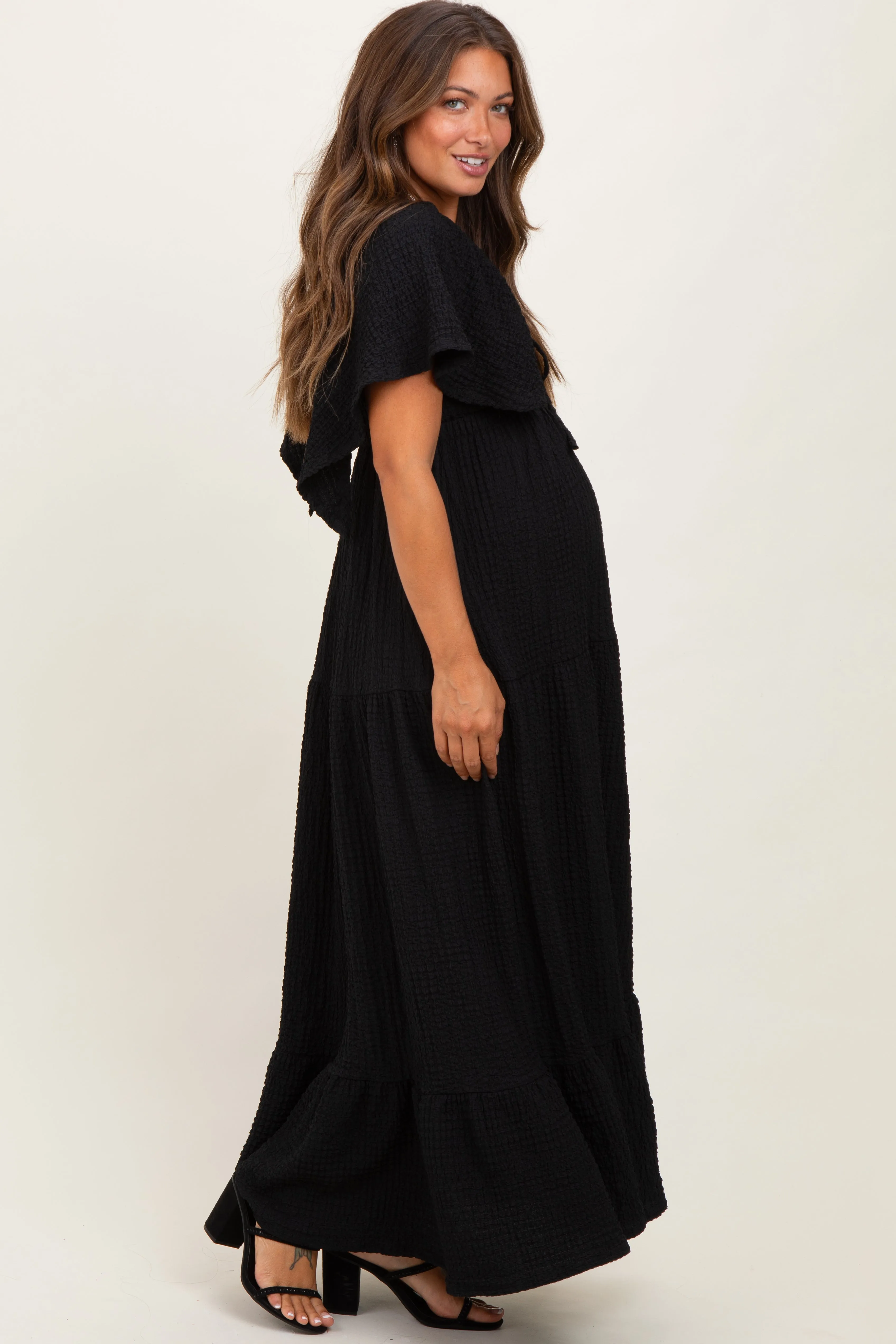 Black Woven Textured Flutter Sleeve V-Neck Tiered Maternity Maxi Dress sold by Pinkblush product image thumbnail 3