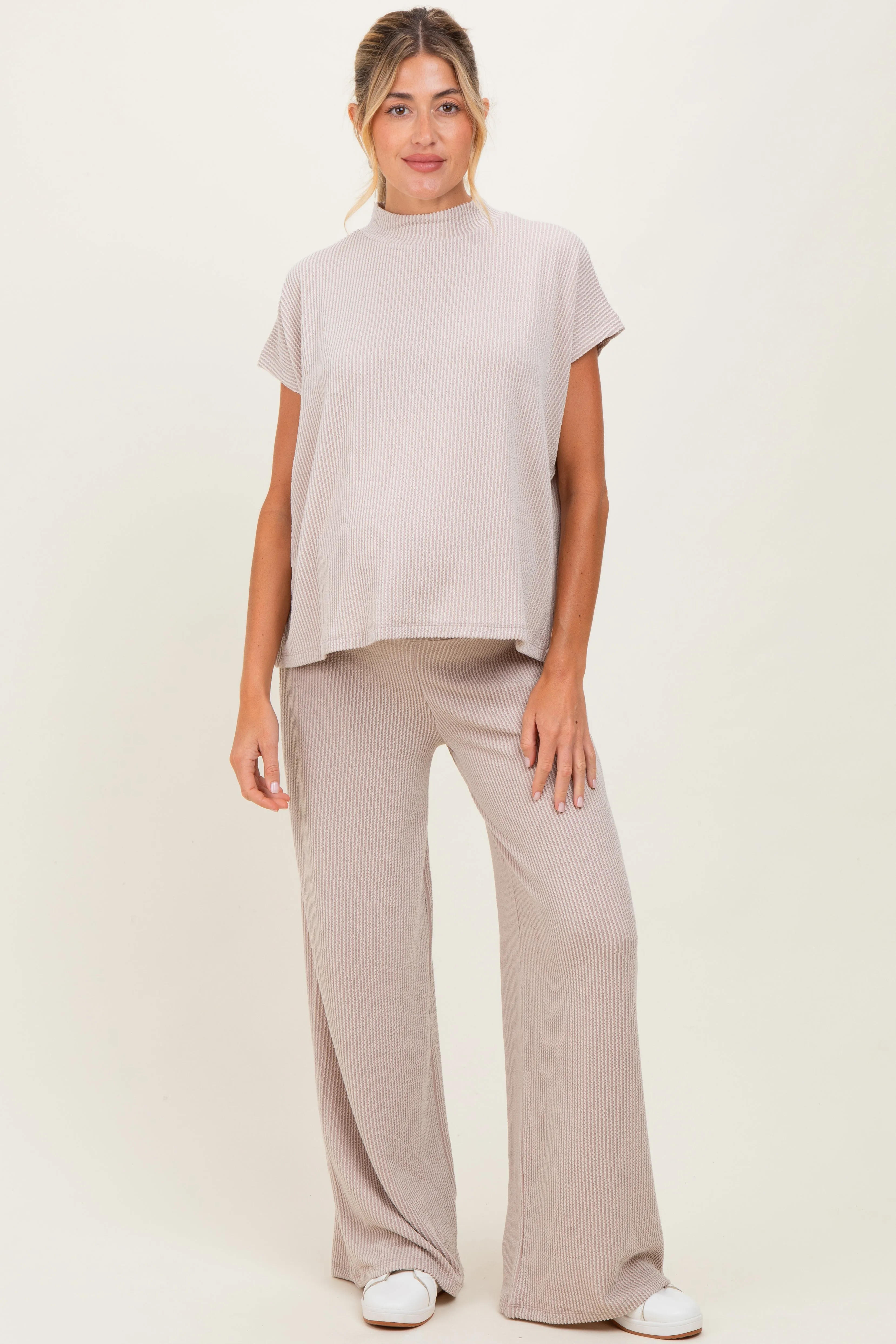 Cream Textured Rib Mock Neck Short Sleeve Pant Maternity Set sold by Pinkblush