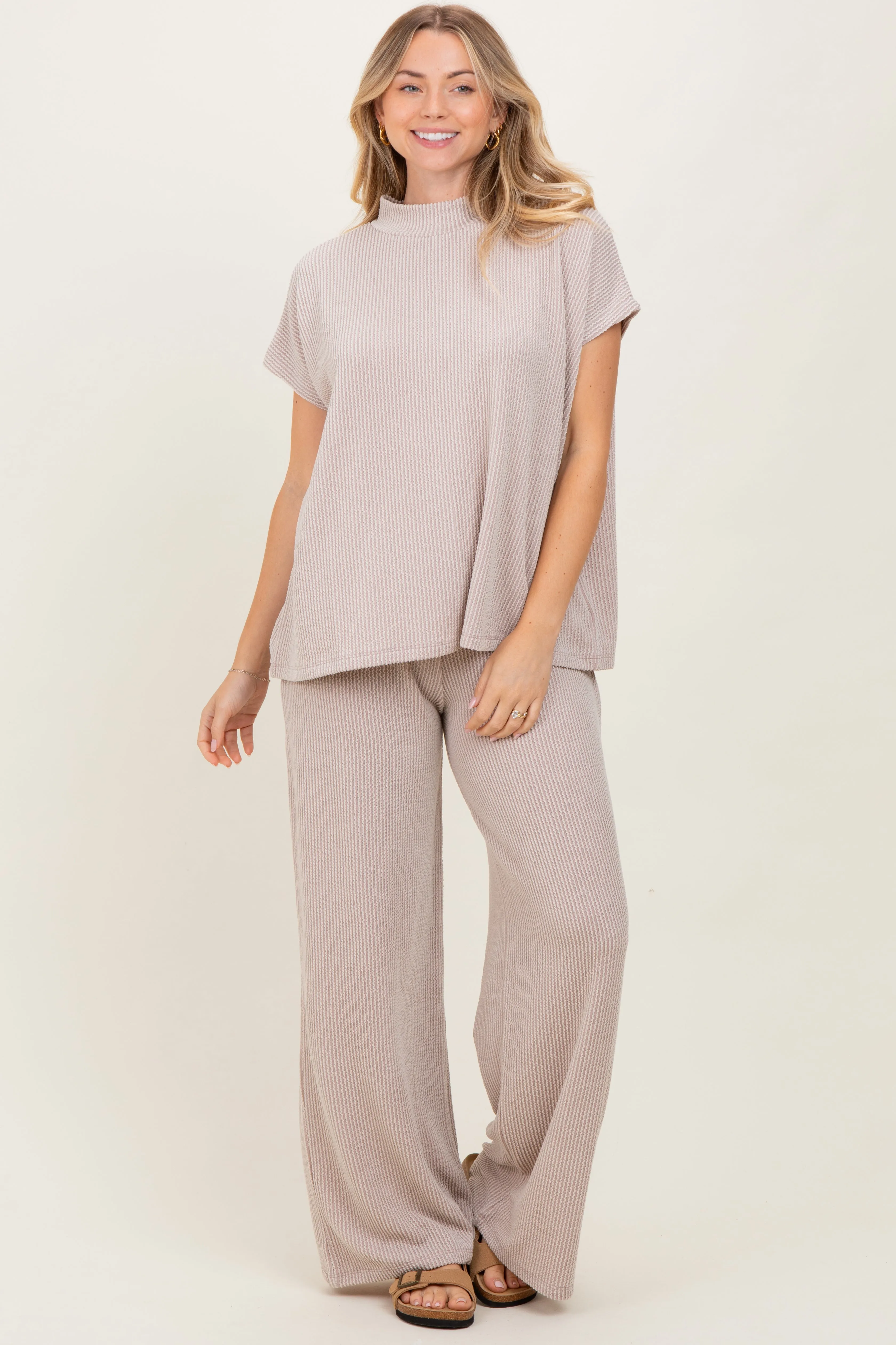 Cream Textured Rib Mock Neck Short Sleeve Pant Maternity Set sold by Pinkblush product image thumbnail 3
