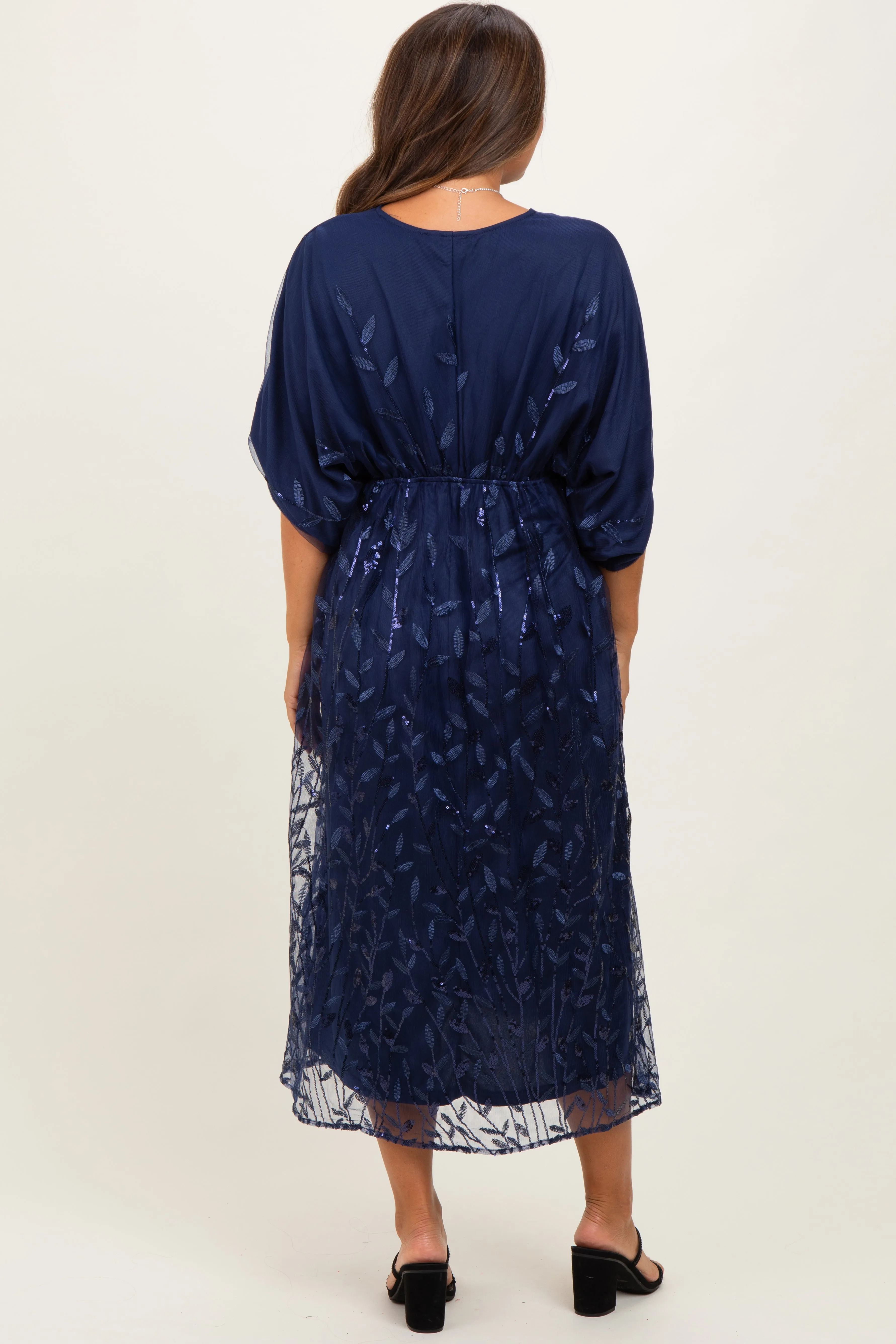 Navy Embroidered Tulle Dolman V-Neck Maternity Midi Dress sold by Pinkblush product image thumbnail 4