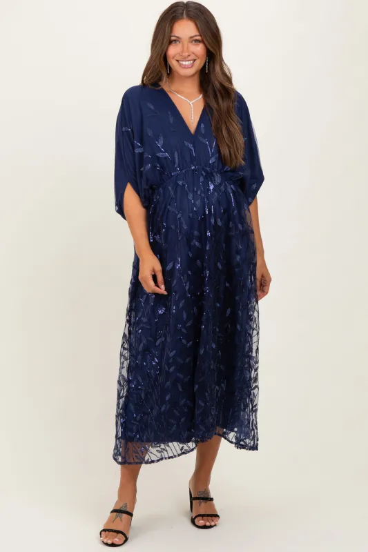 Navy Embroidered Tulle Dolman V-Neck Maternity Midi Dress sold by Pinkblush